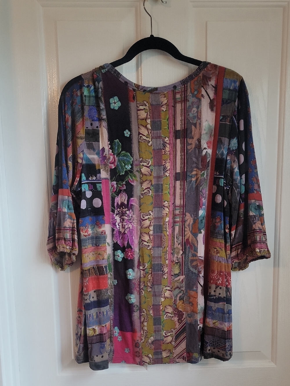 Johnny Was Sonnet patchwork puff sleeve top Shirt mixed print boho round neck L - Picture 3 of 5